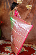 Load image into Gallery viewer, Patli Pallu Green and Pink Banarasi Saree - Keya Seth Exclusive