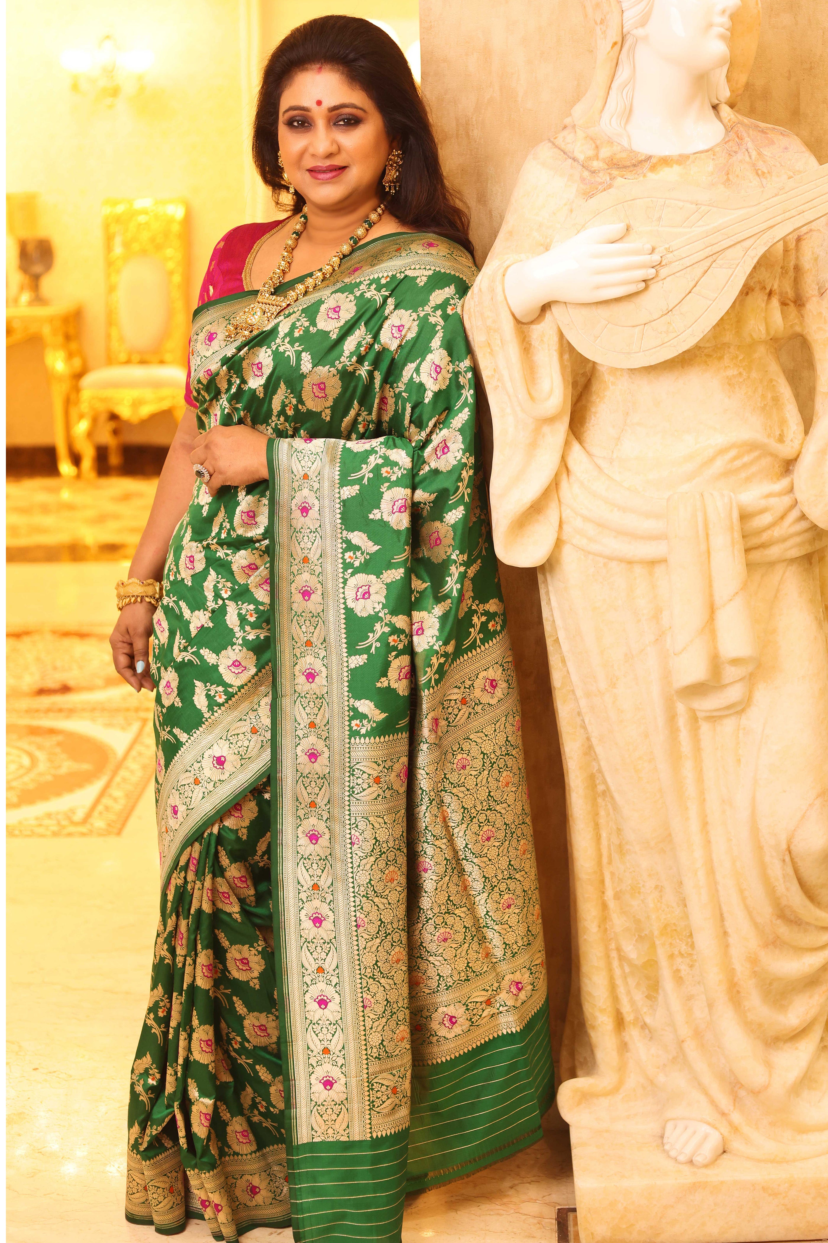 Malachite Green Pure Katan Saree - Keya Seth Exclusive