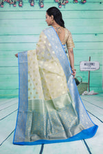 Load image into Gallery viewer, Off-white with Blue Border Tissue Saree                                                                                                                  Off-white with Blue Border Tissue Saree - Keya Seth Exclusive