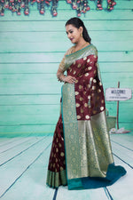 Load image into Gallery viewer, Maroon with Green Border Tissue Saree - Keya Seth Exclusive