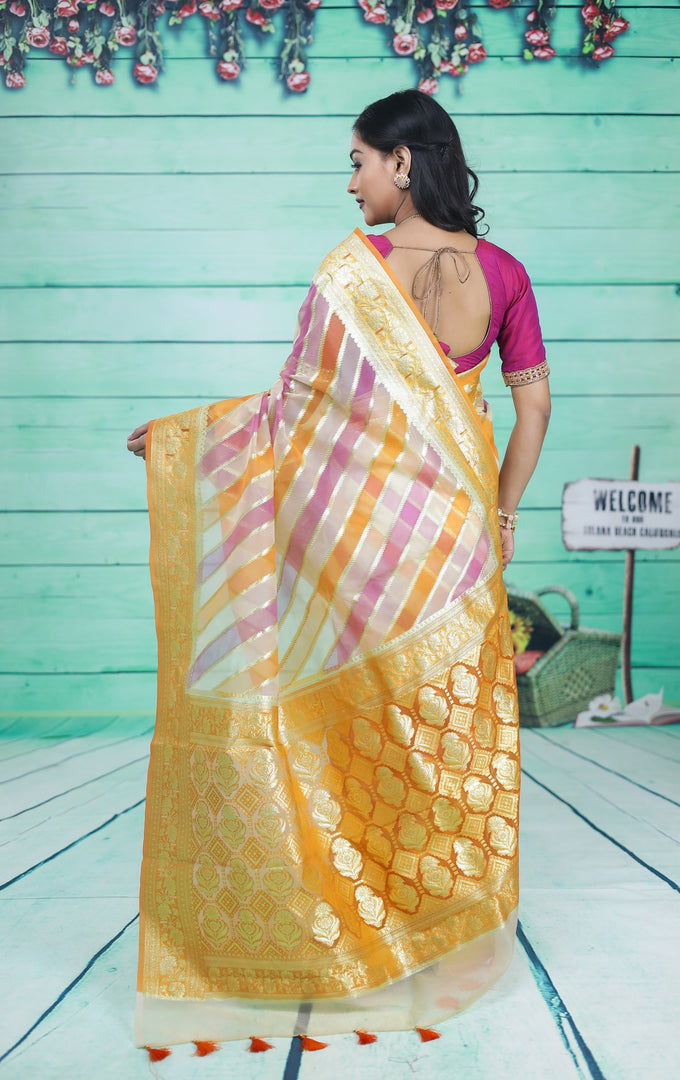 Colorful Orange Off-white Organza Rangkat Saree - Keya Seth Exclusive