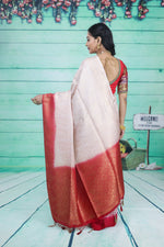 Load image into Gallery viewer, White Dupion Silk Saree with Red Border - Keya Seth Exclusive