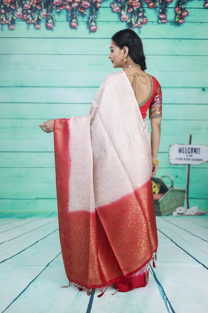 White Dupion Silk Saree with Red Border - Keya Seth Exclusive