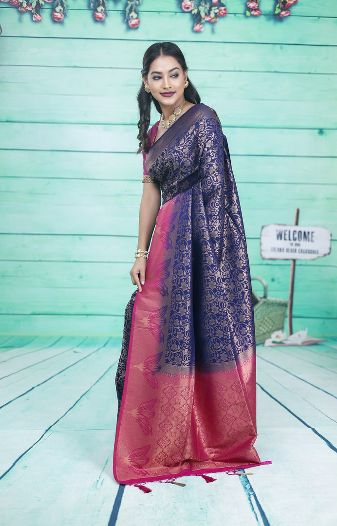 Navy Blue Dupion Silk Saree with Pink Border - Keya Seth Exclusive