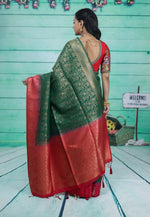 Load image into Gallery viewer, Bottle Green Dupion Silk Saree with Red Border - Keya Seth Exclusive
