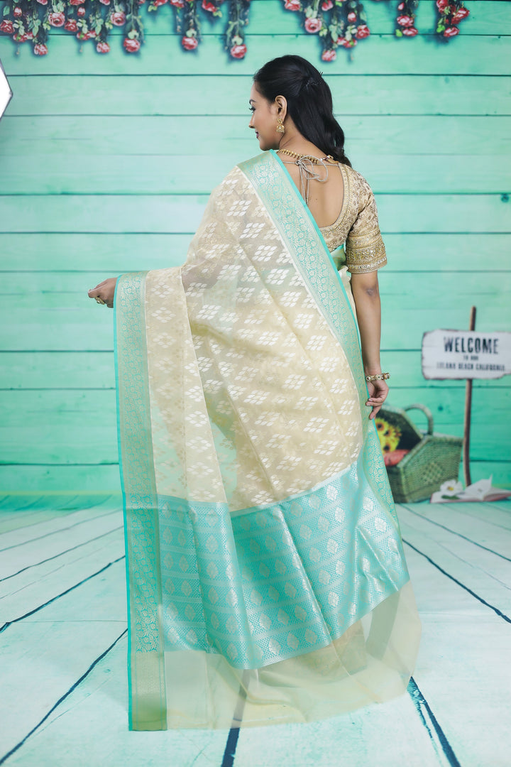 Off-white and Green Soft Tissue Saree - Keya Seth Exclusive