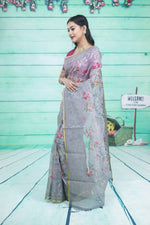 Load image into Gallery viewer, Grey Organza Saree with Floral Design - Keya Seth Exclusive
