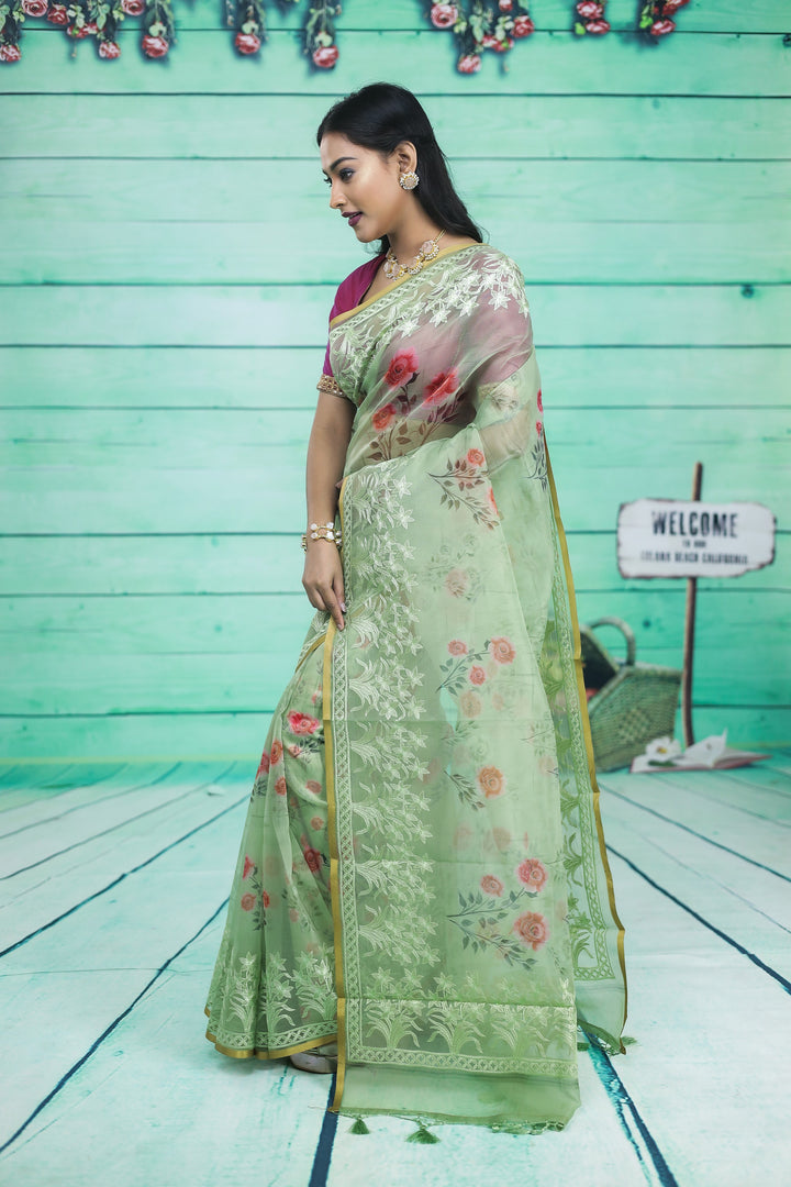 Green Organza Saree with Floral Design - Keya Seth Exclusive
