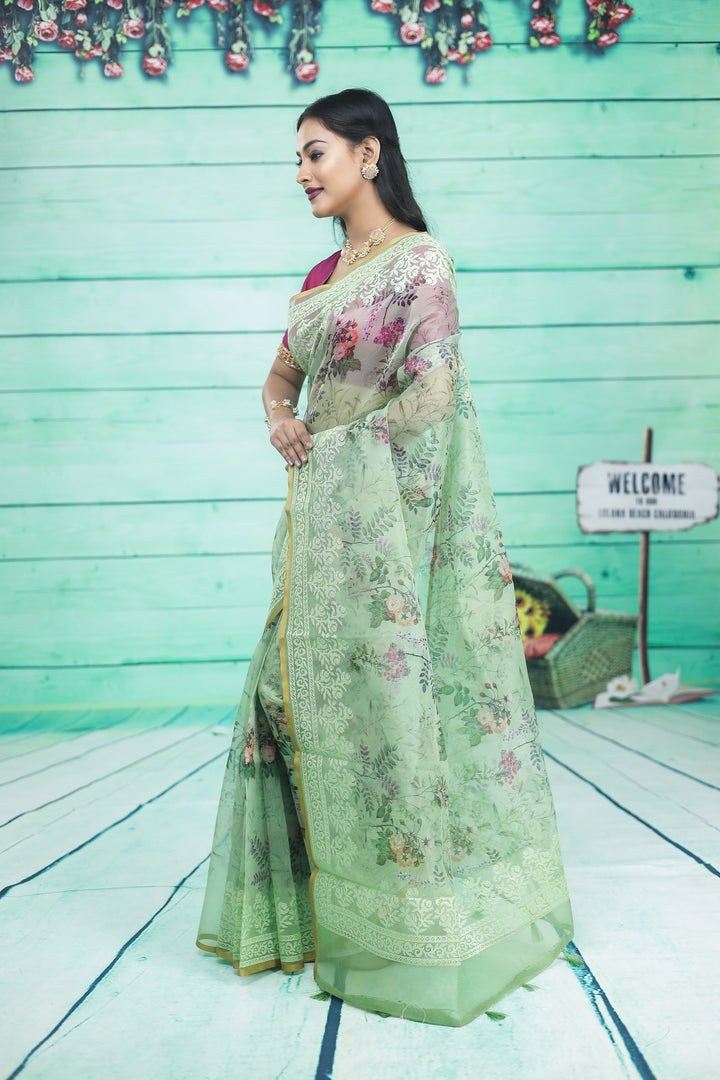 Light Green Organza Saree with Floral Design - Keya Seth Exclusive