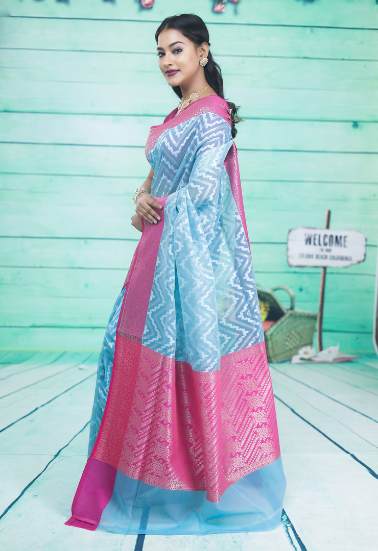 Sky-Blue and Pink Soft Tissue Saree - Keya Seth Exclusive