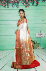 Load image into Gallery viewer, Off-White and Red Semi Katan Silk Saree - Keya Seth Exclusive