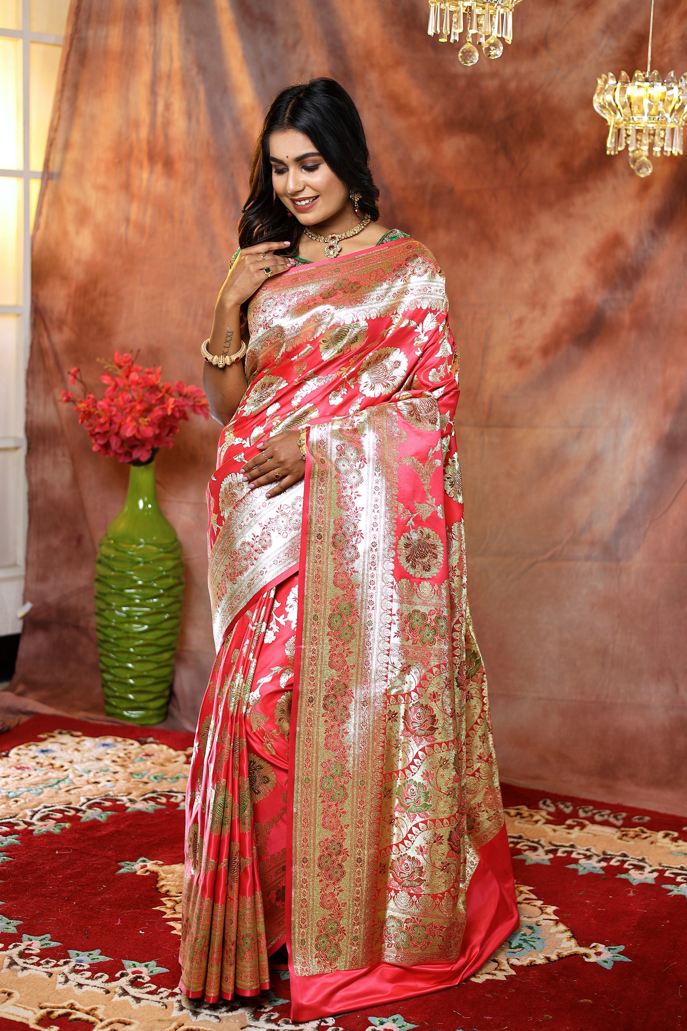 Floral Peach Minakari Banarasi Saree - Keya Seth Exclusive