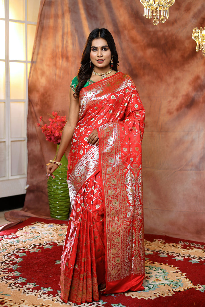 Scarlet Red Banarasi Saree with Minakari - Keya Seth Exclusive