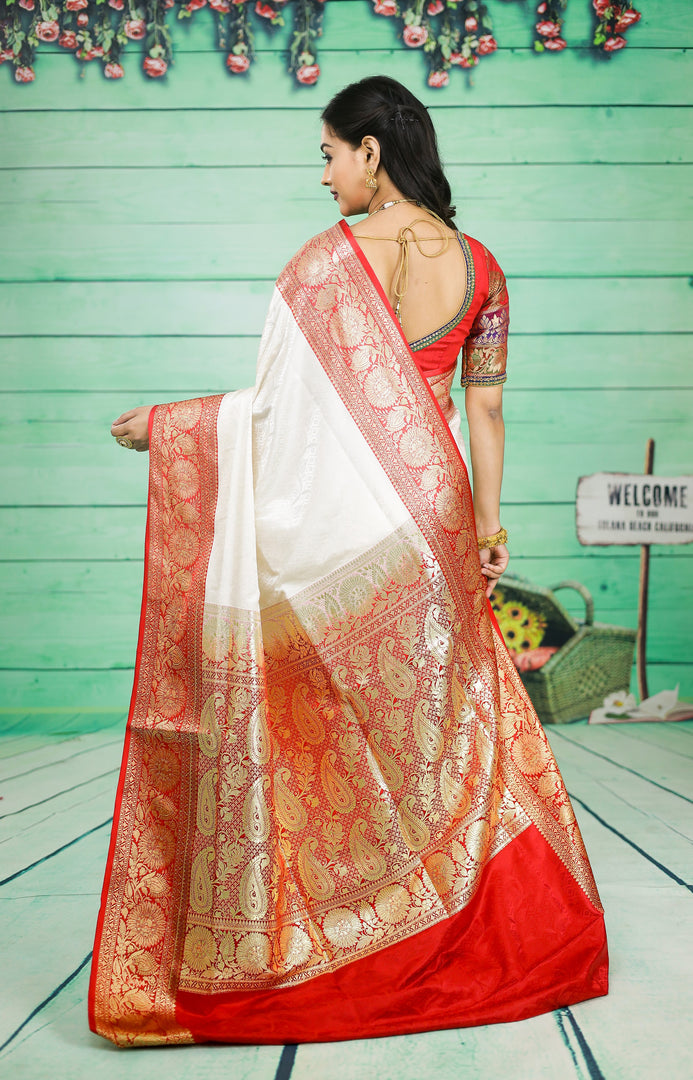 Off-White and Red Semi Katan Silk Saree - Keya Seth Exclusive