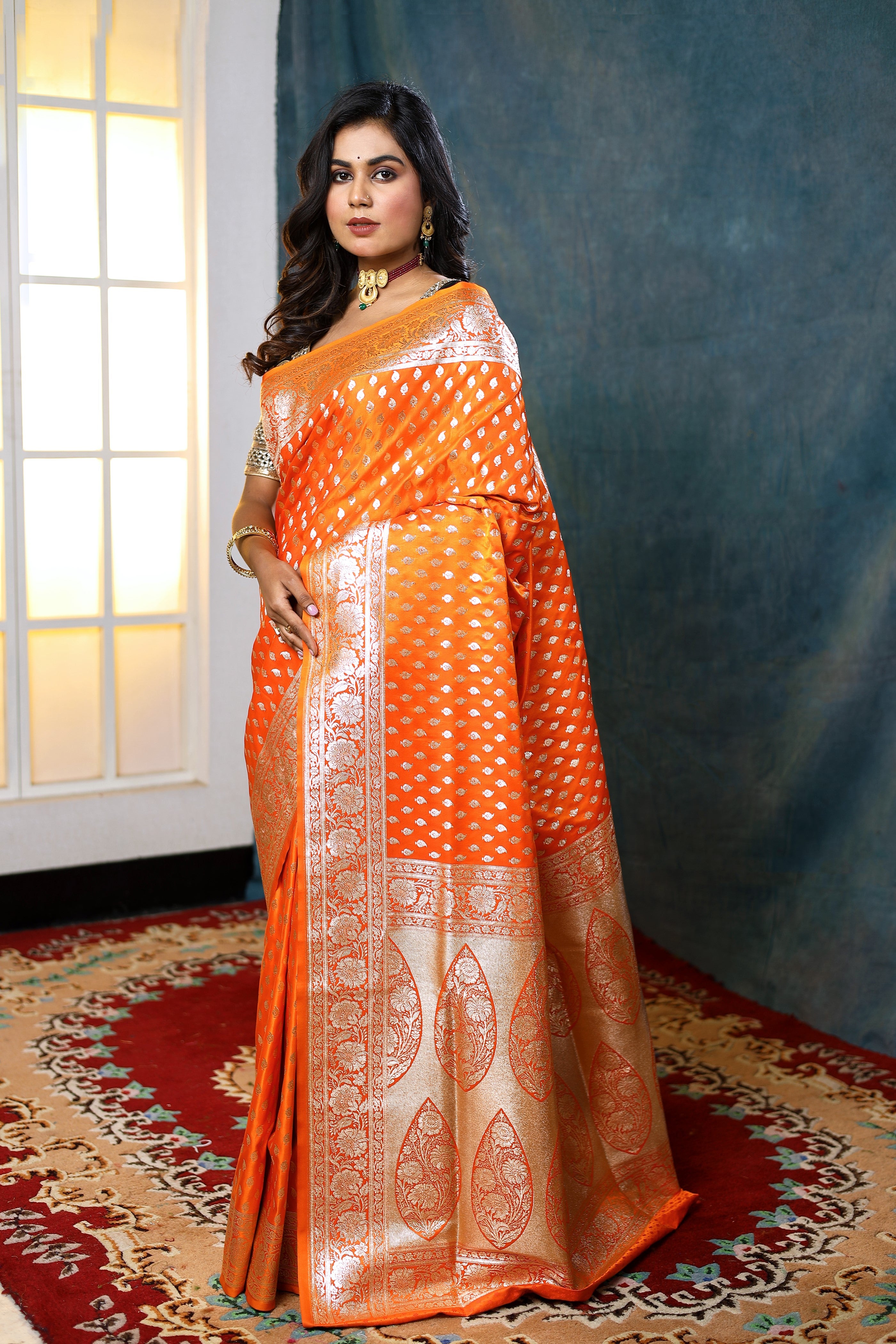 Orange Banarasi Saree with Zari Work - Keya Seth Exclusive