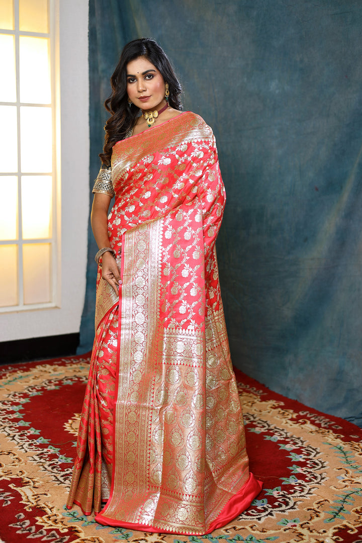 Peach Banarasi Saree with Floral Jal Work - Keya Seth Exclusive