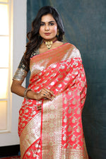 Load image into Gallery viewer, Peach Banarasi Saree with Floral Jal Work - Keya Seth Exclusive