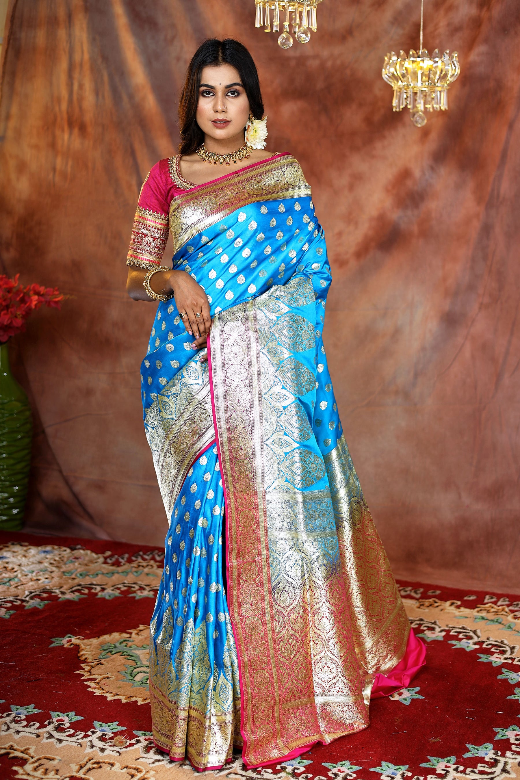 Blue Banarasi Saree with Pink Border - Keya Seth Exclusive