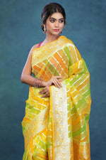 Load image into Gallery viewer, Colorful Yellow Green Organza Rangkat Saree - Keya Seth Exclusive
