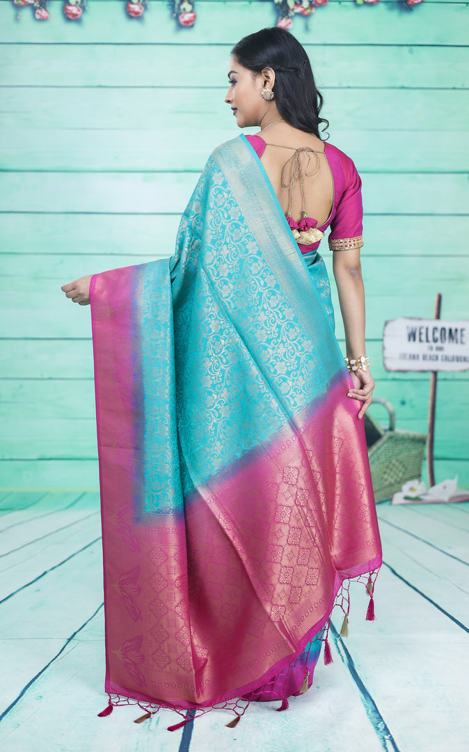 Sea Green Dupion Silk Saree with Pink Border - Keya Seth Exclusive