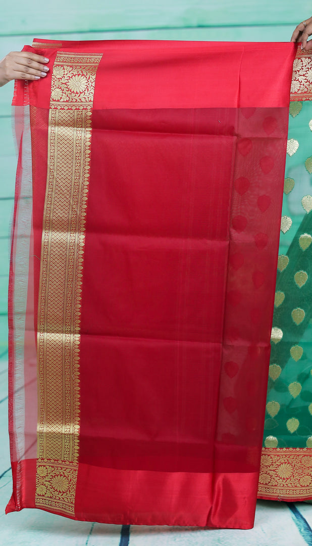 Green with Red Border Tissue Saree - Keya Seth Exclusive