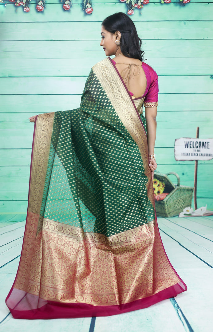 Bottle Green and Multicolored Soft Tissue Saree - Keya Seth Exclusive