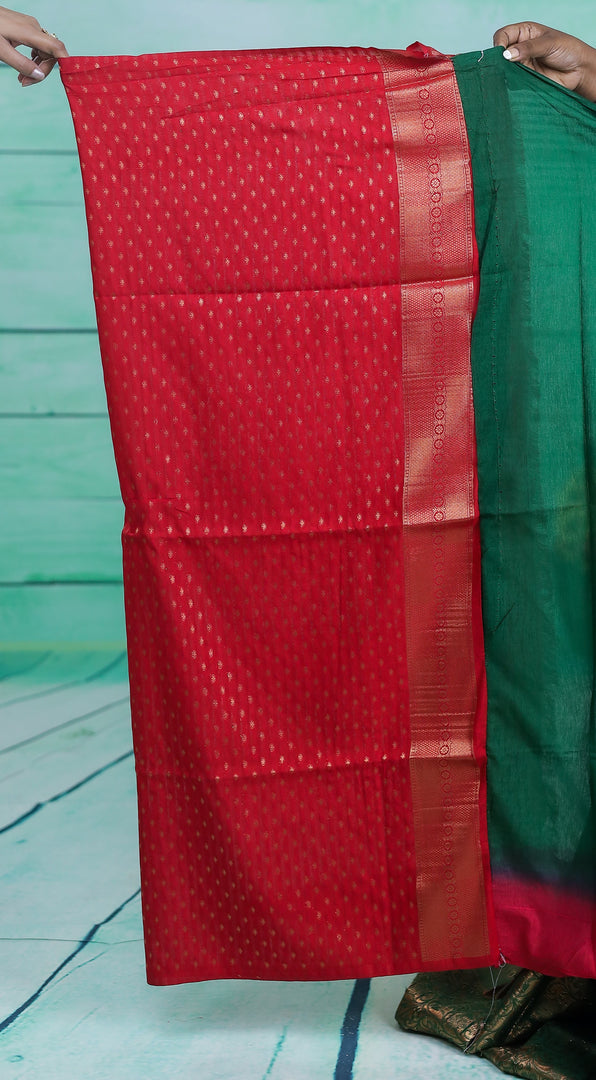 Bottle Green Dupion Silk Saree with Red Border - Keya Seth Exclusive