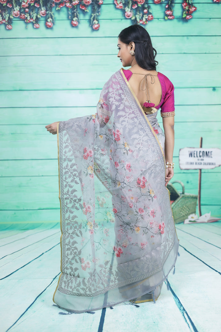 Grey Organza Saree with Floral Design - Keya Seth Exclusive