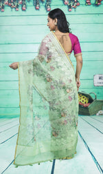 Load image into Gallery viewer, Light Green Organza Saree with Floral Design - Keya Seth Exclusive