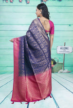 Load image into Gallery viewer, Navy Blue Dupion Silk Saree with Pink Border - Keya Seth Exclusive