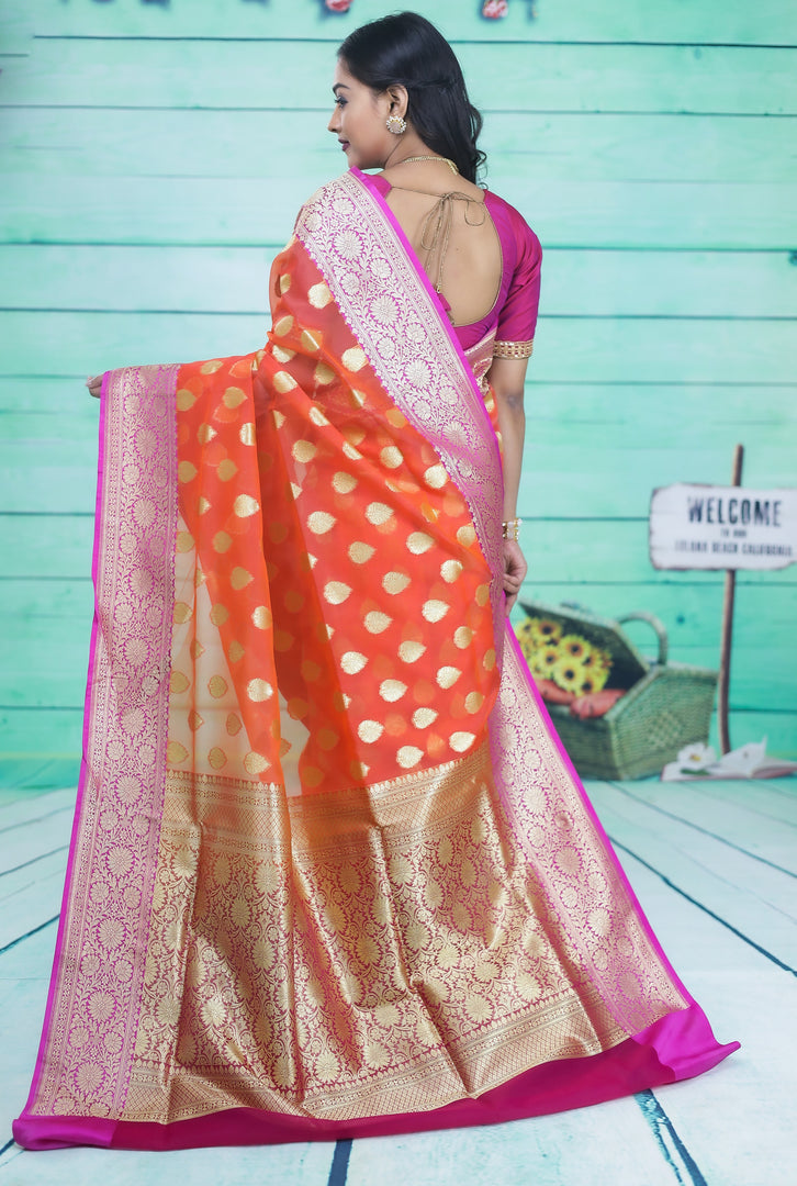 Orange with Pink Border Tissue Saree - Keya Seth Exclusive