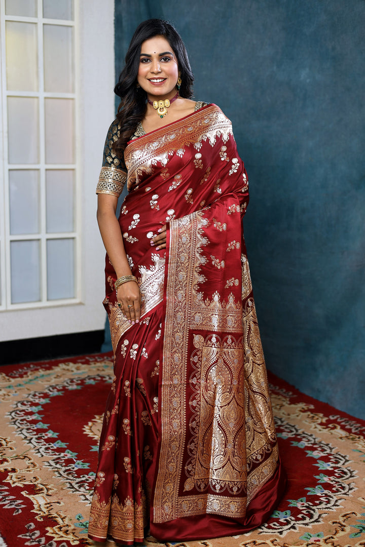 Red Floral Banarasi Saree - Keya Seth Exclusive