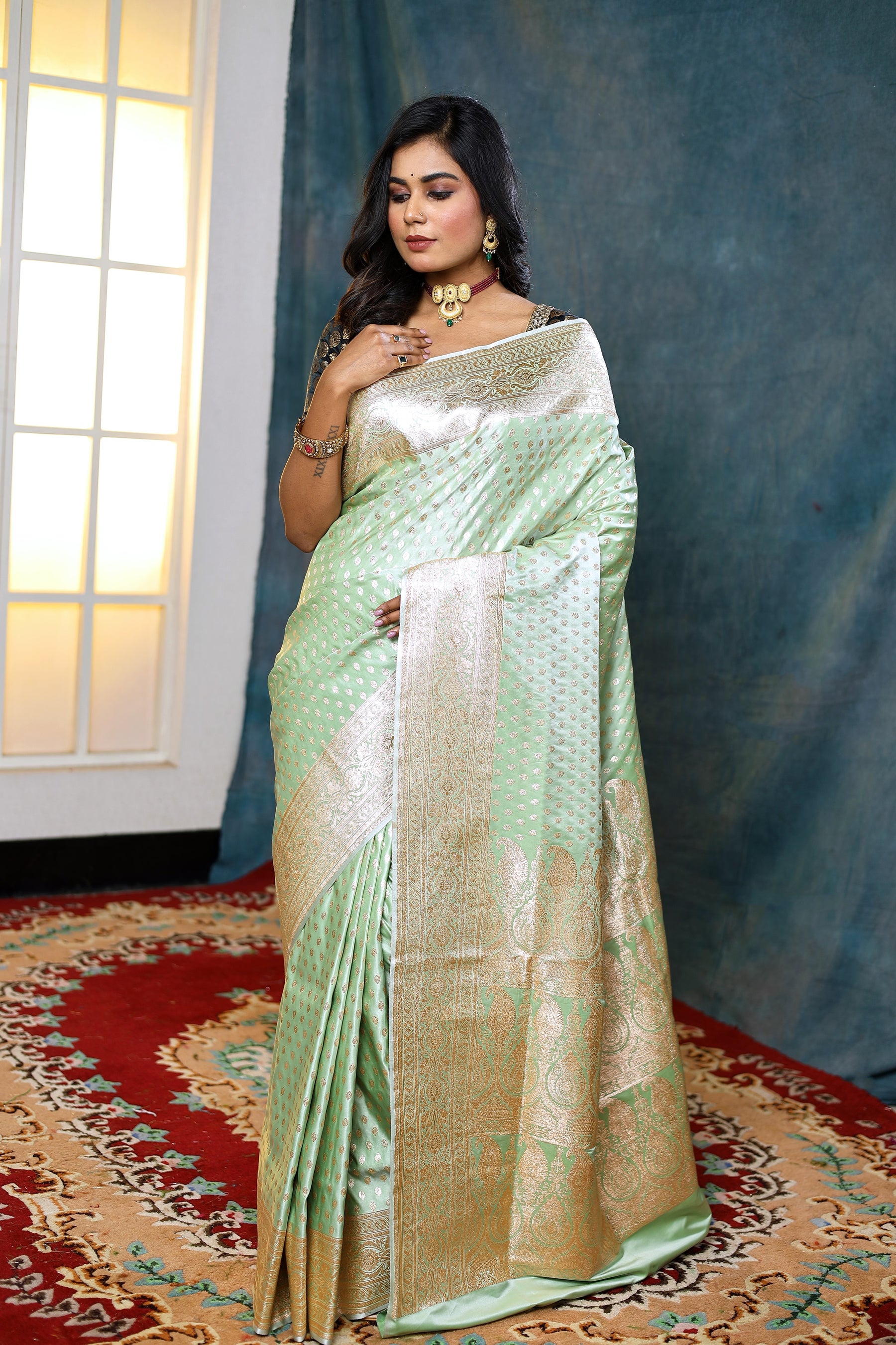 Minty Green Banarasi Saree with Golden Zari - Keya Seth Exclusive