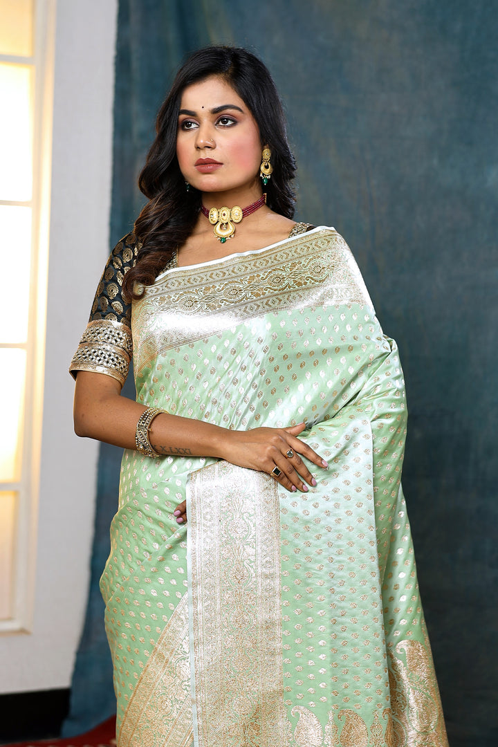 Minty Green Banarasi Saree with Golden Zari - Keya Seth Exclusive