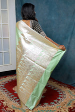 Load image into Gallery viewer, Minty Green Banarasi Saree with Golden Zari - Keya Seth Exclusive