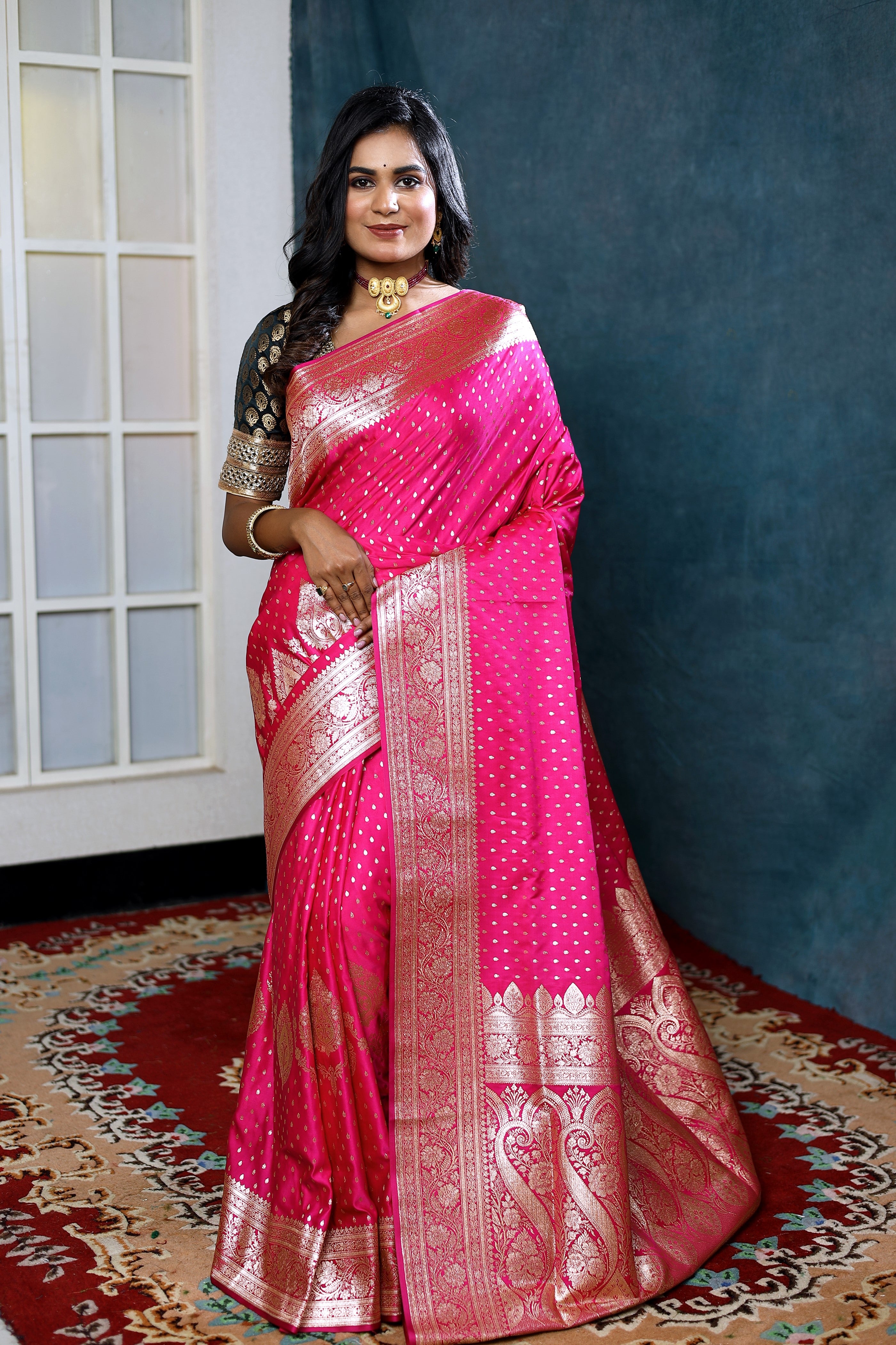 Pink Banarasi Saree with Golden Buttas - Keya Seth Exclusive