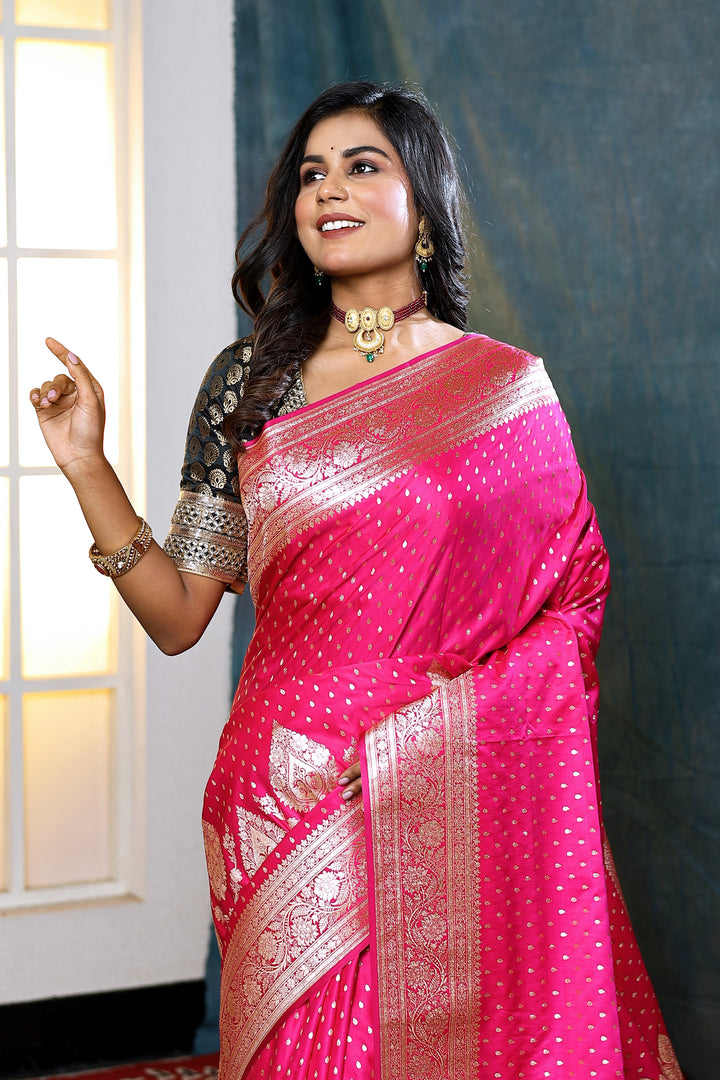 Pink Banarasi Saree with Golden Buttas - Keya Seth Exclusive