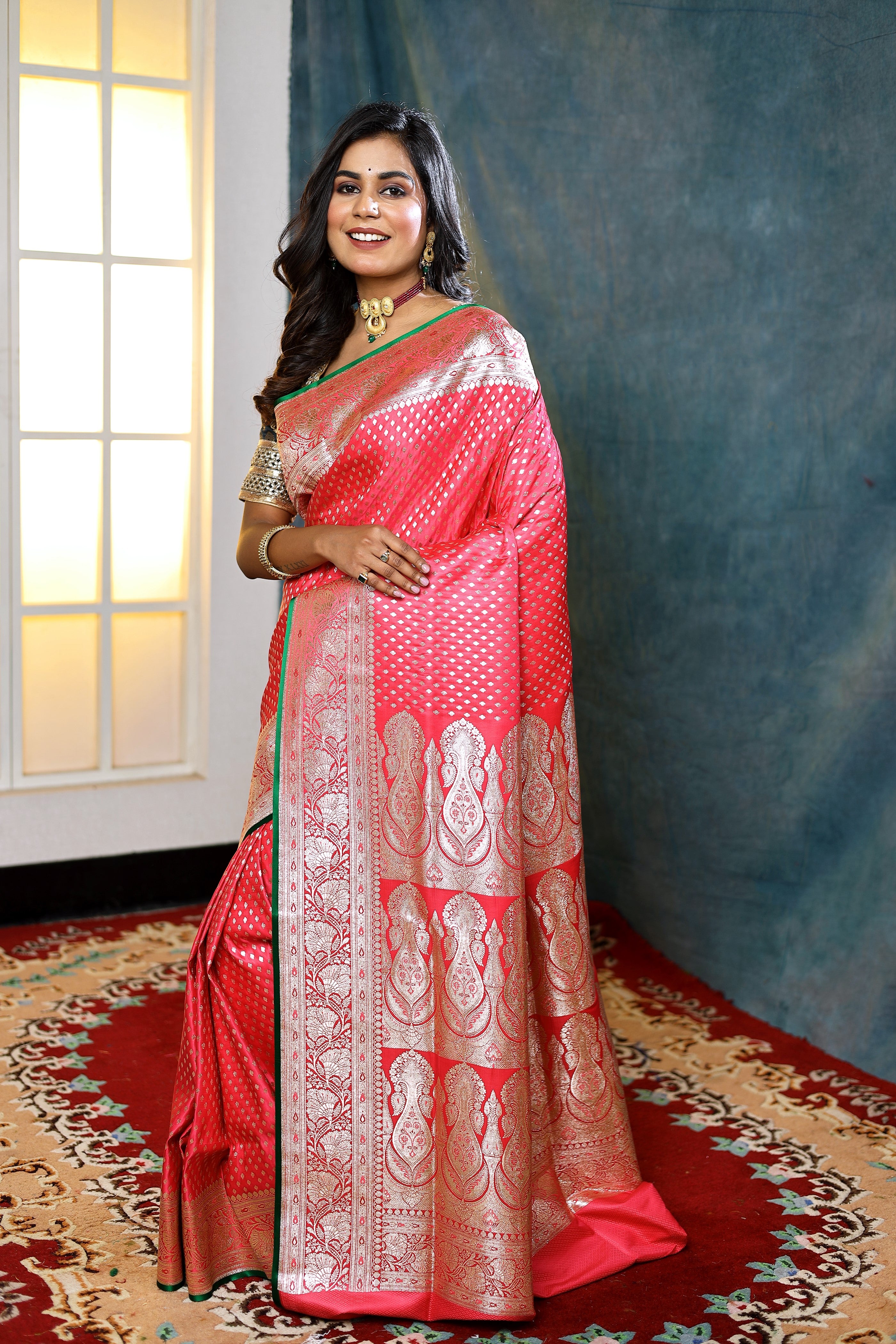 Peach Banarasi Saree with Green Border - Keya Seth Exclusive