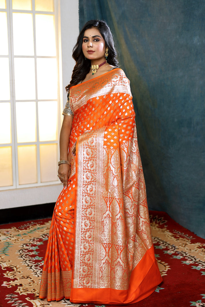 Orange Banarasi Saree with Golden Buttas - Keya Seth Exclusive