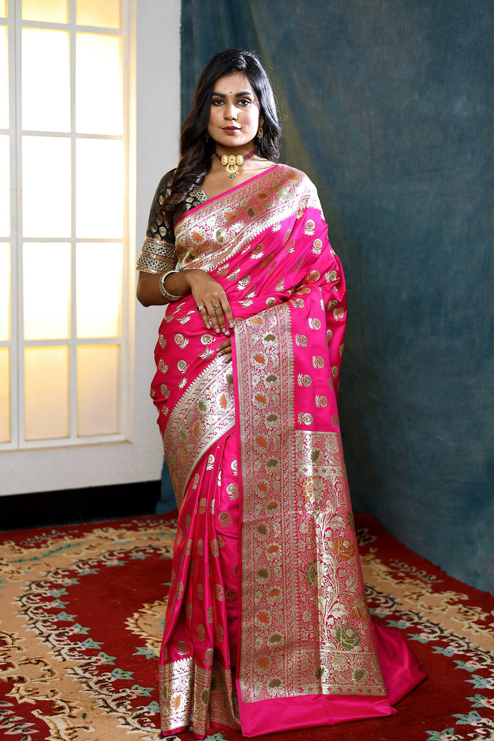 Pink Minakari Banarasi Saree with Floral Motifs - Keya Seth Exclusive
