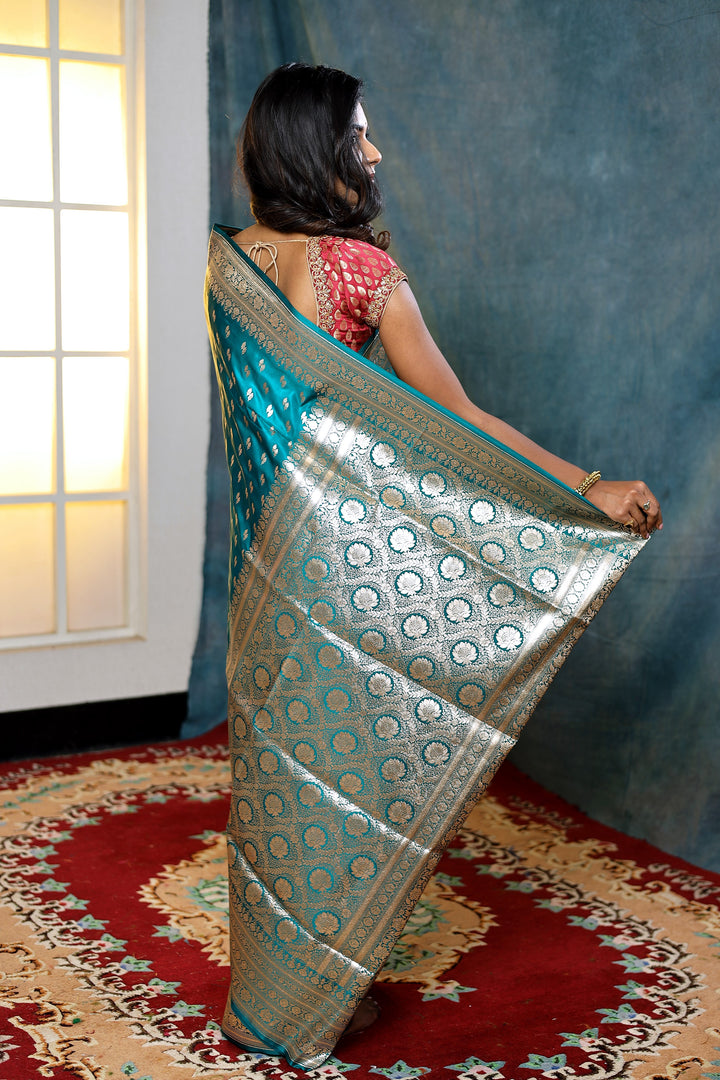 Peacock Blue Banarasi Saree with Golden Buttas - Keya Seth Exclusive