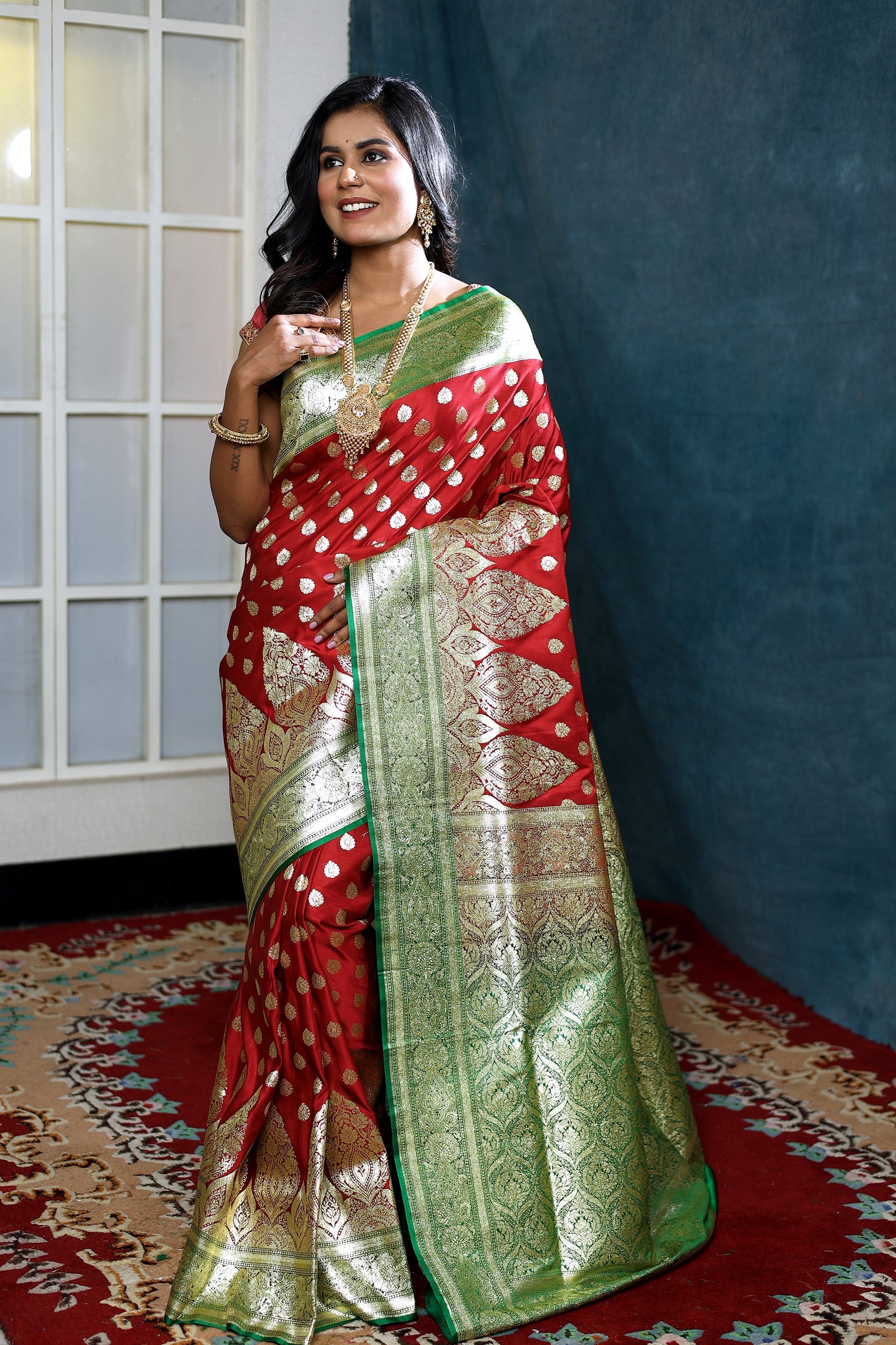 Maroon Banarasi Saree with Green Borders - Keya Seth Exclusive