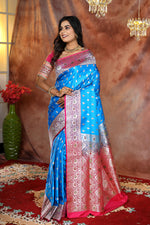 Load image into Gallery viewer, Blue Minakari Banarasi Saree with Pink Border - Keya Seth Exclusive