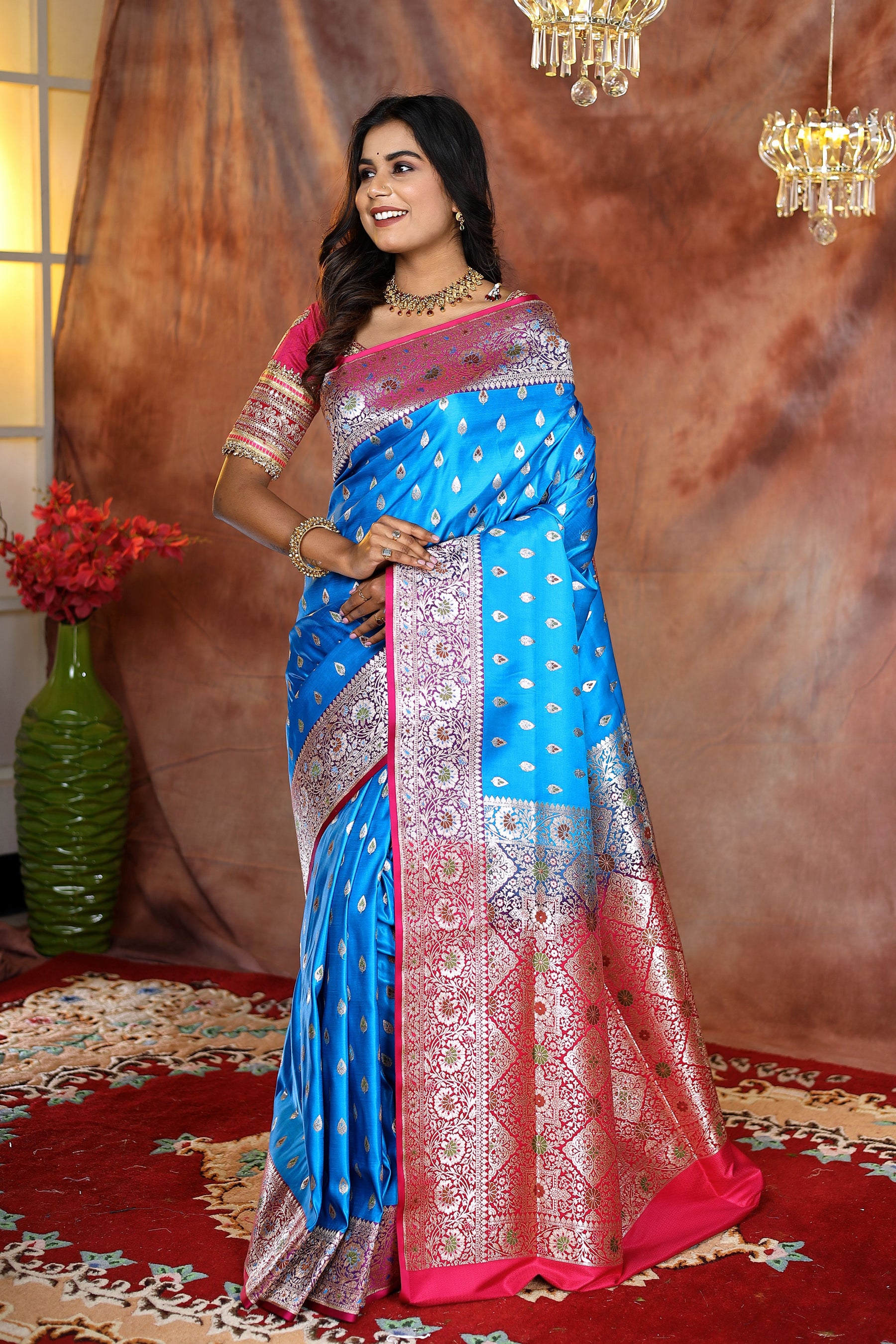 Blue Minakari Banarasi Saree with Pink Border - Keya Seth Exclusive