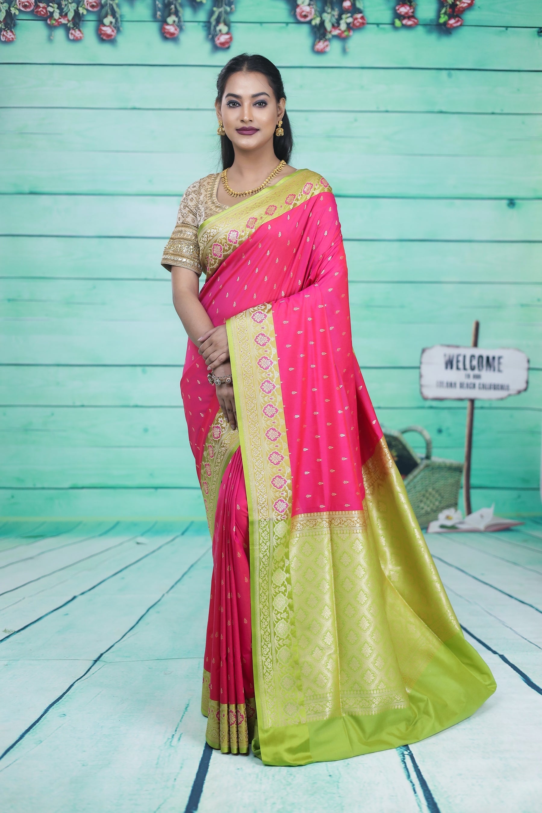 Pink Semi Katan Silk Saree with Light Green Border - Keya Seth Exclusive