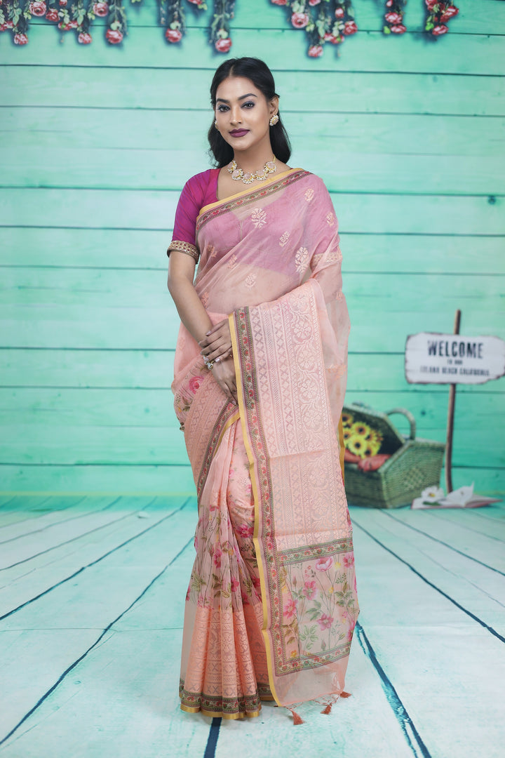Peach Organza Saree with Floral Design - Keya Seth Exclusive