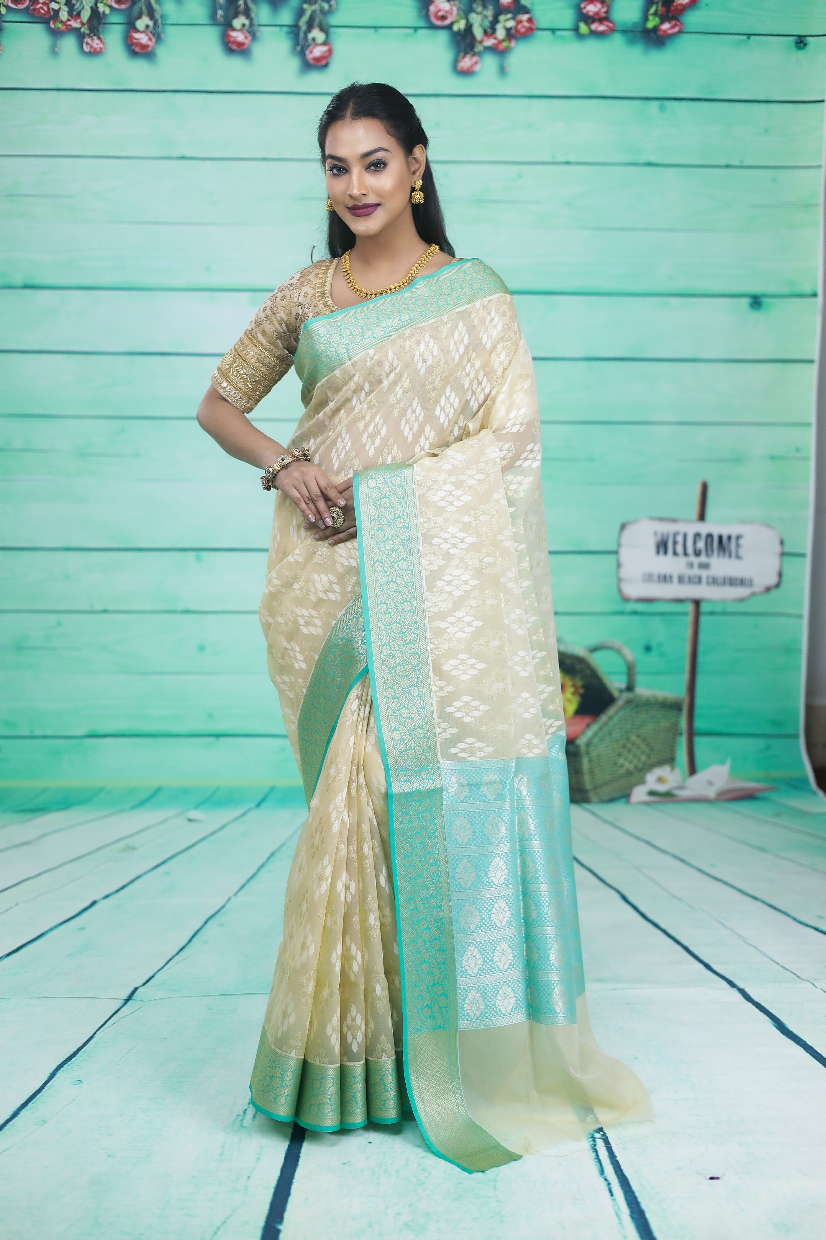 Off-white and Green Soft Tissue Saree - Keya Seth Exclusive