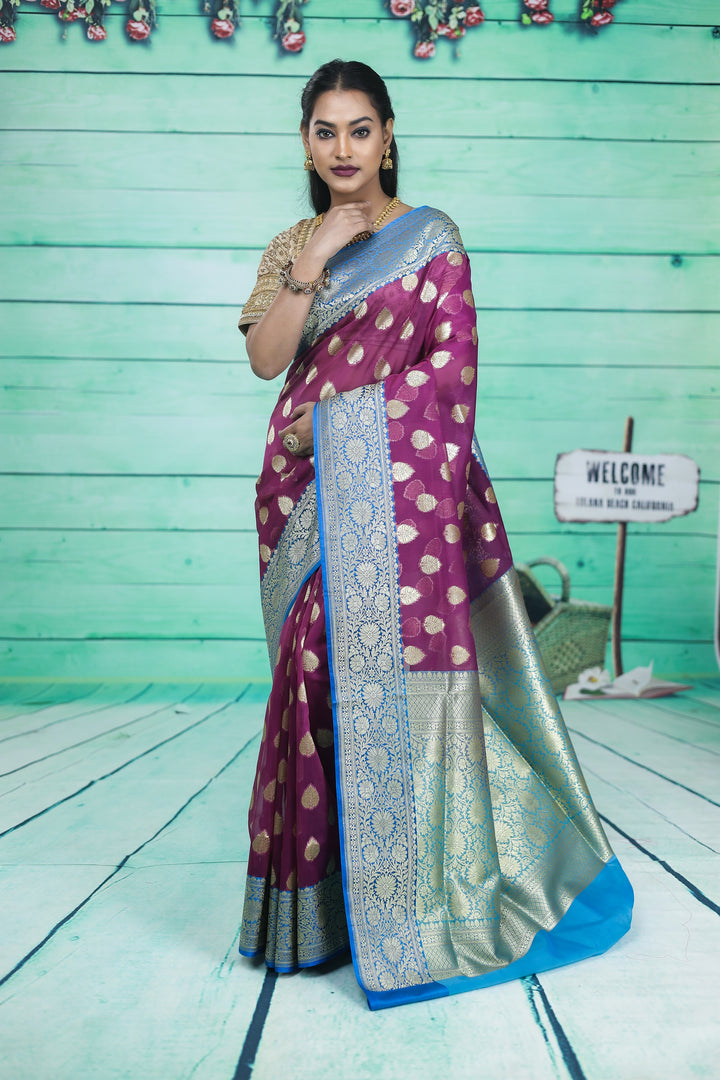 Magenta with Blue Border Tissue Saree - Keya Seth Exclusive