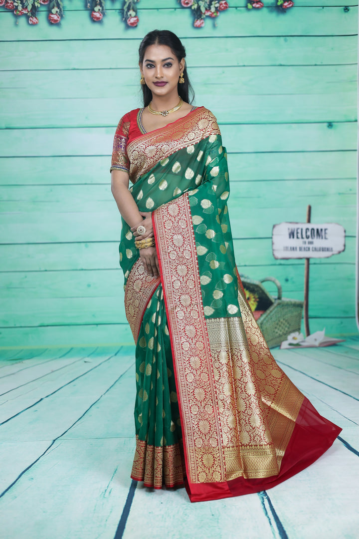 Green with Red Border Tissue Saree - Keya Seth Exclusive