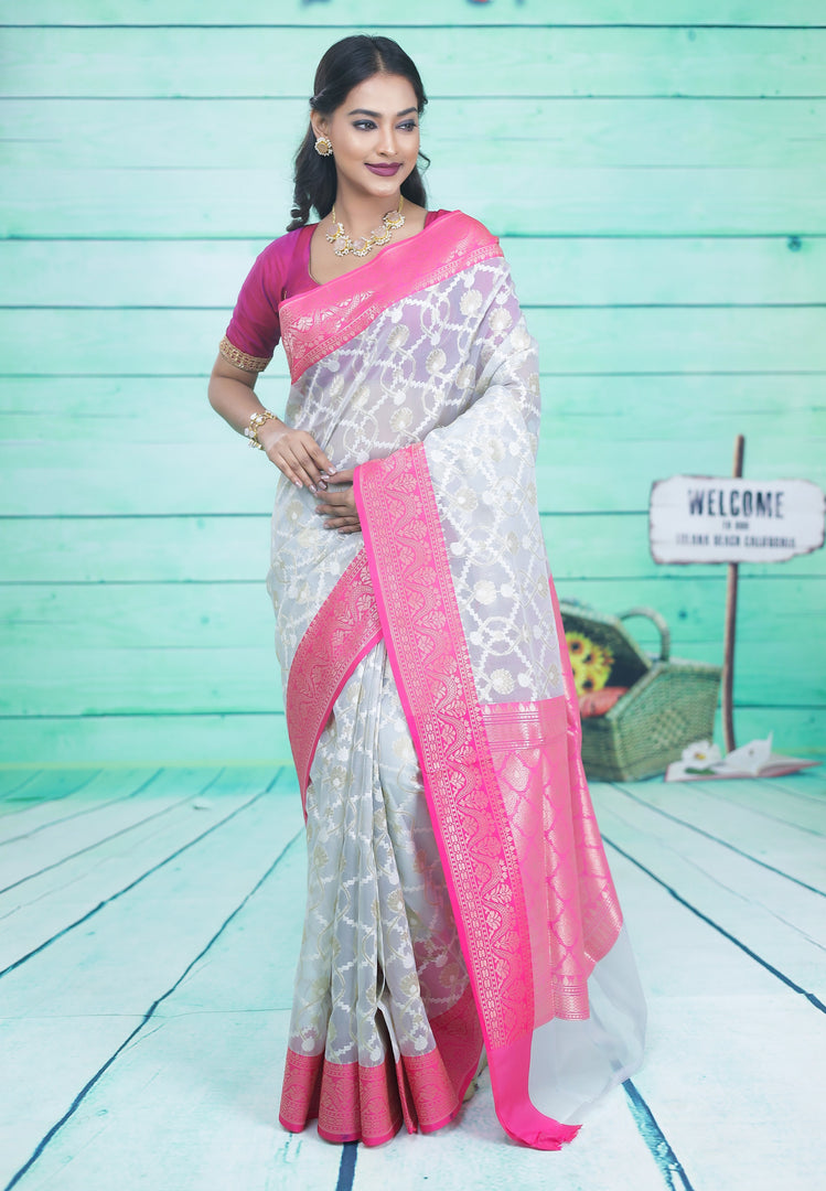 White and Pink Soft Tissue Saree - Keya Seth Exclusive